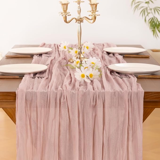 Socomi 3pcs Pink Cheesecloth Table Runner Valentine's Day Boho Rustic Gauze Dusty Pink Farmhouse 120 inch 10FT Cheese Cloth Runner for Wedding Party Baby Shower Birthday Home Decor