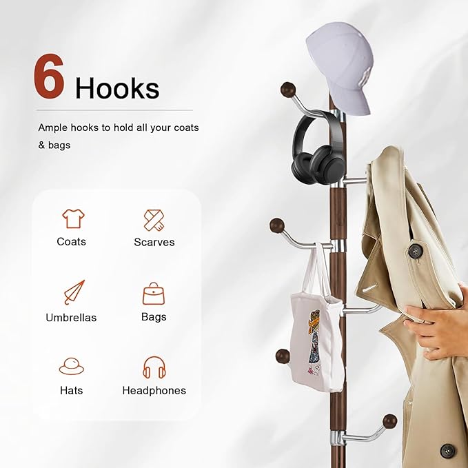 Wooden Coat rack freestanding, Coat racks stand with 6 Hook, Heavy duty coat tree standing Adjustable Heights for Bedroom, Entryway, Hallway, Office, Metal Base (Walnut)