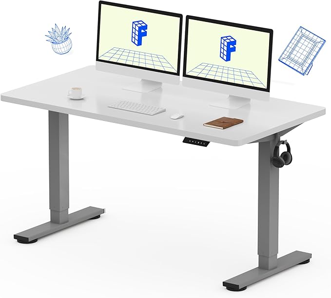 FLEXISPOT EN1 One-Piece Standing Desk with 1-Inch Thick Desktop, 55"x28" Electric Height Adjustable Desk for Home Office & Multi-Device Workstations, White(Silver Frame)