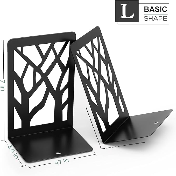 MaxGear Book Ends Tree Design Modern Bookends for Shelves, Non-Skid Bookend, Heavy Duty Metal Book Stopper for Books/CDs, Decorative Book Shelf Home, 7 x 4.7 x 3.5”, Black (6 Pair/12 Pieces, Large)