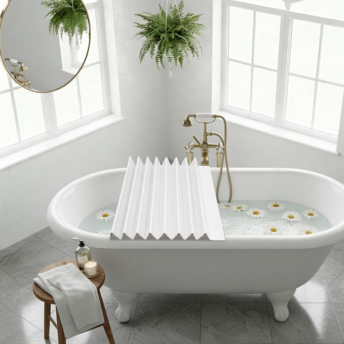 White Wood Grain Foldable Bathtub Cover, PVC Waterproof Dustproof Bath Tub Lid, Heat Preservation Bathroom Tub Tray for Home Hotel Spa (70.87×31.50×0.26)