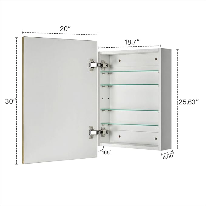 TEHOME 20'' x 30'' Brushed Gold Recessed and Surface Mount Bathroom Medicine Cabinet with Mirror Brushed Gold Square Cornered Metal Framed Rounded Rectangle Medicine Cabinet Mirror