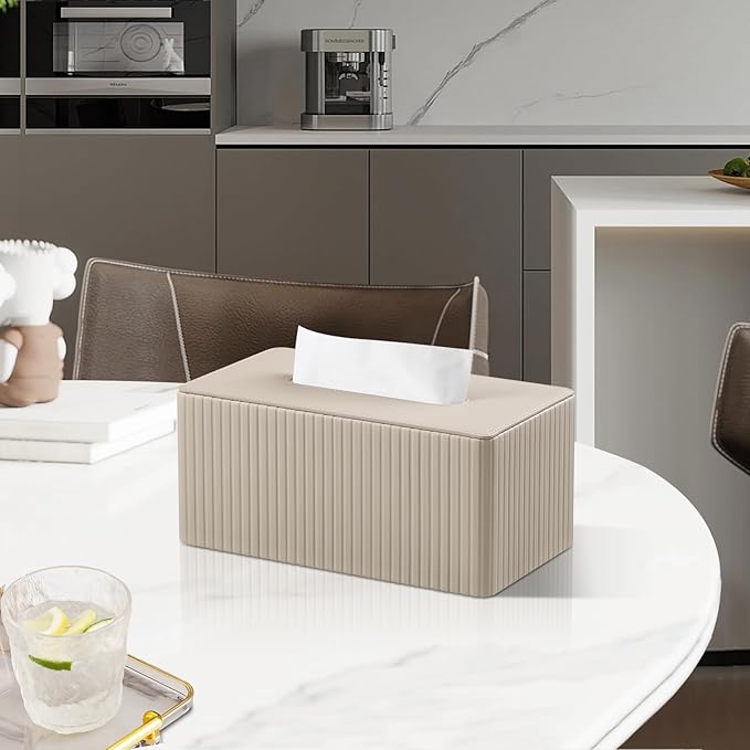 MEIBOOCH PU Leather Tissue Box Cover for 120(3-Ply)/ 160(2-Ply) Count Box of Tissues, Rectangle Tissue Box Holder for Bathroom Bedroom Living Room Office (Beige Stripe)