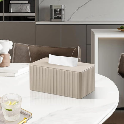 MEIBOOCH PU Leather Tissue Box Cover for 120(3-Ply)/ 160(2-Ply) Count Box of Tissues, Rectangle Tissue Box Holder for Bathroom Bedroom Living Room Office (Beige Stripe)