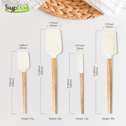 Silicone Spatula Set, Food Grade Rubber Spatula Off White-4 Piece Nonstick Rubber Spatulas with Wooden Handle, Spoonula, Jar Scraper for Cooking, Baking, Mixing, Frosting - Heat Resistant Up to 600°F