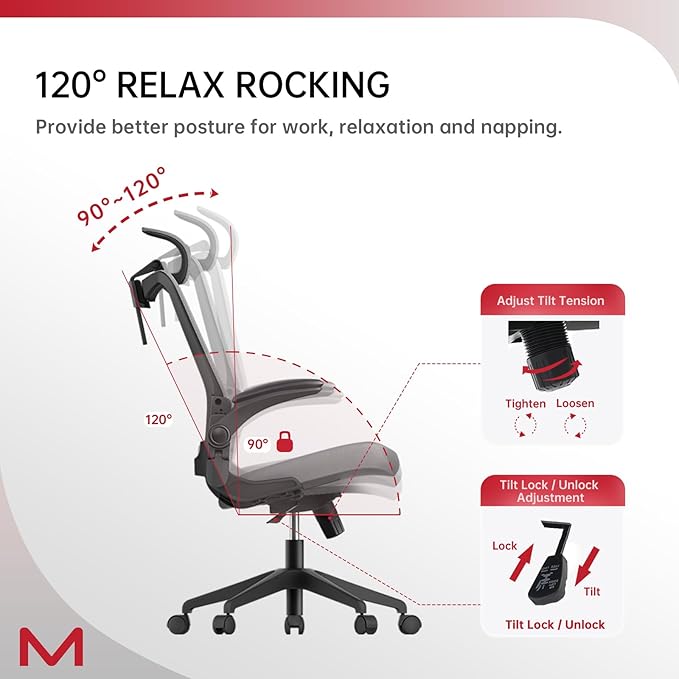 Office Chair, Ergonomic Desk Chair with Adjustable Lumbar Support, High Back Mesh Computer Chair with Flip Up Armrests and Headrest, Executive Task Chair for Home Office Study, 300LBS Capacity