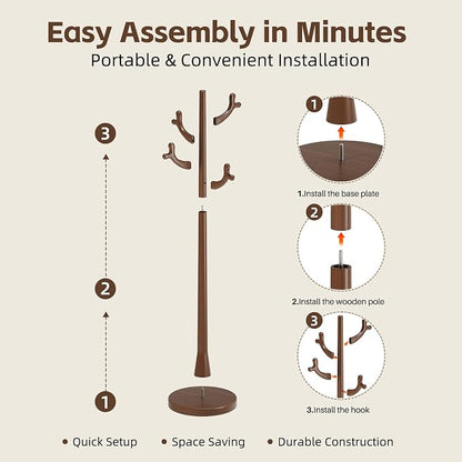 Uniclinens Coat Rack Freestanding Solid Wood Coat Tree Standing with 4 Hooks, Coat Rack Stand Creative Tree Branch-look (Walnut)