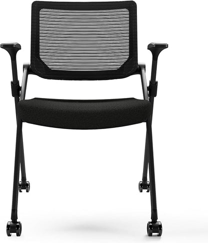 FYLICA Foldable Office Chair with PU Wheels and Smooth Armrest-Ergonomic Mesh Bouncing Back, Stackable Conference Room Chair, Office Guest & Reception & Meeting Chair (Black)