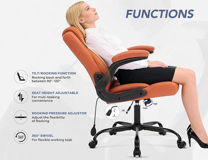 Office Chair with Adjustable Inflatable Lumbar Support,Leather Ergonomic Computer Desk Chair with Flip-up Arms,Adjustable Tilt Lock,Swivel Rolling Executive PC Chair for Work,Study,Meeting.Brown