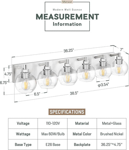 Bathroom Light Fixtures, 6 Light Brushed Nickel Vanity Light, 38 Inch Modern Wall Sconces with Globe Clear Glass Shade, Vanity Lighting Fixtures Over Mirror, VL195-BN-6