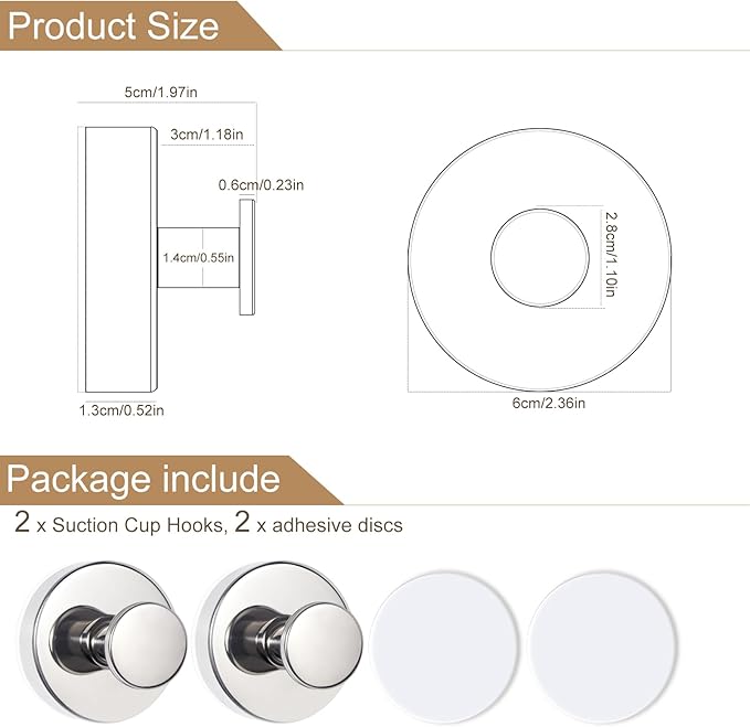 ZESLMG Suction Cup Hooks for Shower, Chrome Wreath Hangers for Front Door Glass Window Bathroom Kitchen Wall, Removable Towel Holder Bath Robe Loofah Coat Hooks No Damage for Hanging, 2 Pack