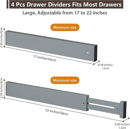 DUCOO 4 PCS Drawer Divider, 17"-22" Adjustable Bamboo Drawer Dividers Organizers, Expandable Separators for Kitchen, Clothes, Dressers, Home, Office, Gray