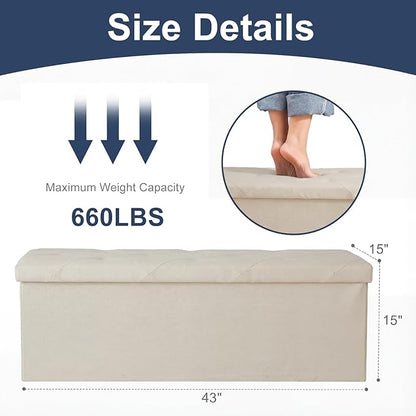 DUMOS 43 Inch Folding Storage Ottoman Bench, Large Hidden Storage Chest withThicker Foam Padded Seat, End of Bed Foot Rest Stool for Bedroom Living Room Entryway, Load 660 lbs, Beige