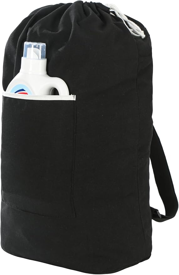 Canvas Laundry bag, Washable Laundry backpack, Adjustable Straps, Large Front Pocket, Drawstring Closure (BLACK, X-Large)