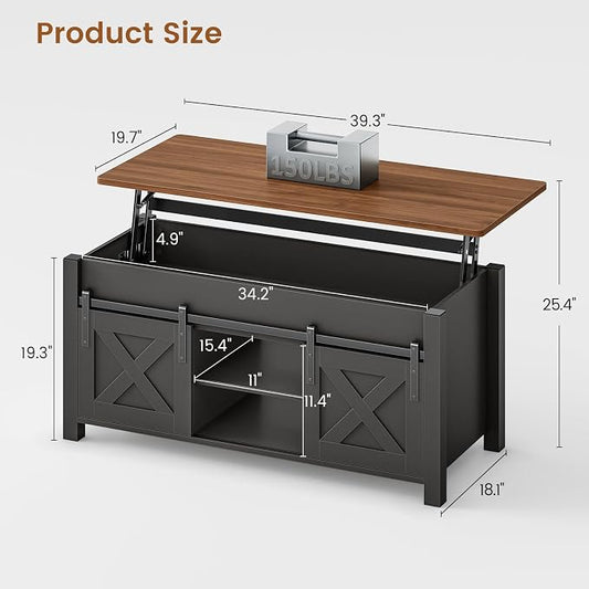 SEDETA Lift Top Coffee Table, Farmhouse Lift Tabletop Dining Table, Gas Spring, Hidden Compartment, Open Storage Shelf, for Living Room, Black Brown