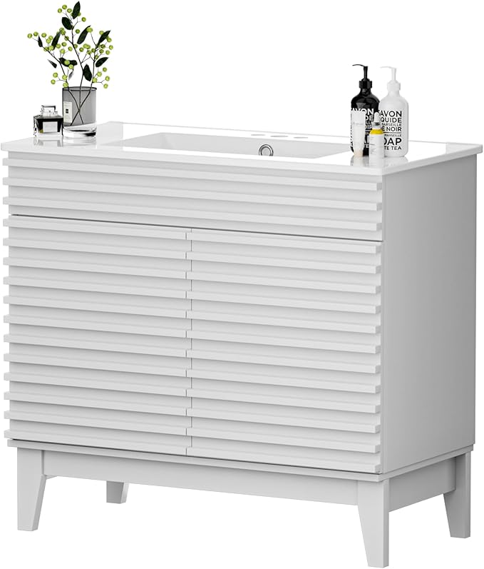 APRILSOUL 36" Bathroom Vanity with Ceramic Sink, Mid-Century Bathroom Vanity Cabinet with 2 Soft Closing Doors, Freestanding Bathroom Cabinet, Particleboard Frame with Wood Grain Laminate, White