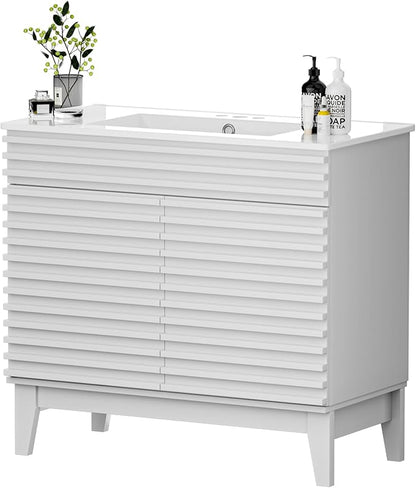 APRILSOUL 36" Bathroom Vanity with Ceramic Sink, Mid-Century Bathroom Vanity Cabinet with 2 Soft Closing Doors, Freestanding Bathroom Cabinet, Particleboard Frame with Wood Grain Laminate, White