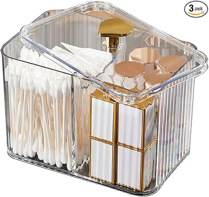 Qtips Holder Bathroom Container,3-Section Cotton Ball/Swabs Dispenser,3 Grids Apothecary Jar Organizer, Cosmetics Storage for Vanity