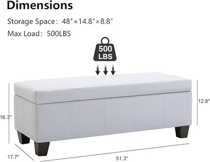 51 Inch Storage Ottoman, Storage Bench with Safety Hinge, Upholstered Synthetic Leather Ottoman Bench for Bedroom, Living Room, Entryway, Hallway, Foot Rest, Support 500lbs