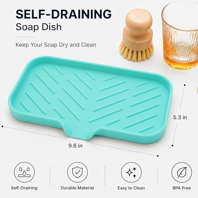 MicoYang Silicone Soap Dish with Drain Spout — Self-Draining Sink Organizer Tray for Bathroom & Kitchen, Sponges, Dispensers & Soap Holder, Non-Slip & Dishwasher Safe, Mint (Medium, 9.6"×5.3")