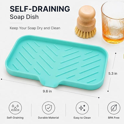 MicoYang Silicone Soap Dish with Drain Spout — Self-Draining Sink Organizer Tray for Bathroom & Kitchen, Sponges, Dispensers & Soap Holder, Non-Slip & Dishwasher Safe, Mint (Medium, 9.6"×5.3")