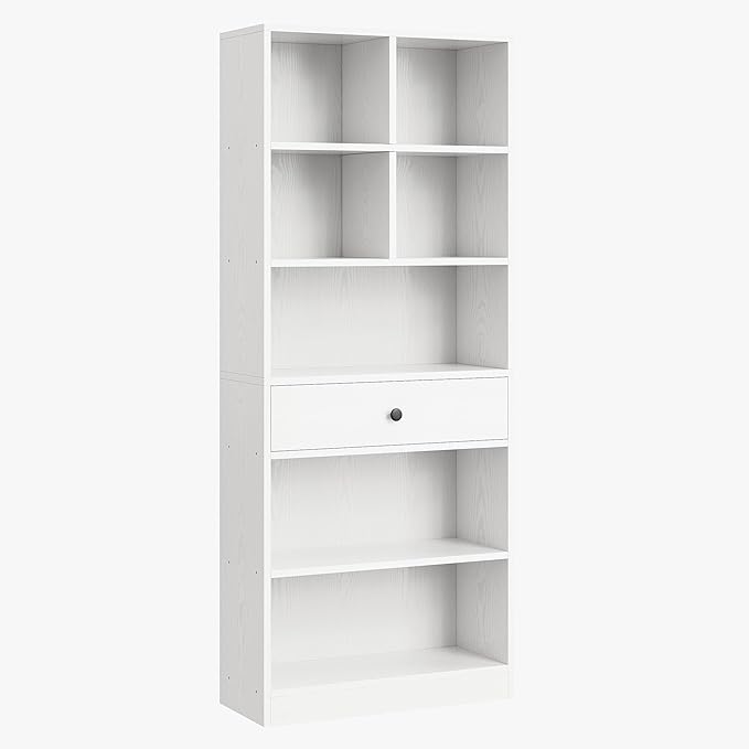 IRONCK Bookcase and Bookshelves, 70" Tall Bookshelf Floor Standing 6 Tiers Display Storage Shelves, Book Shelf with Drawers for Home Office, Living Room, Bedroom, Library, White