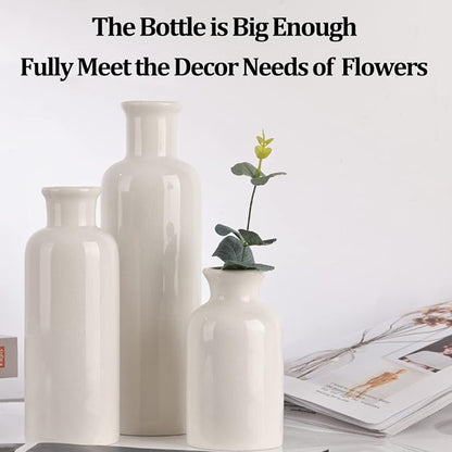 White Ceramic Vase Set - 3 White Small Vases, Farmhouse Country Flower Vase Home Decor, Living Room Decoration, Table Decoration, Fireplace Decor, and Entrance Decorations Centerpieces