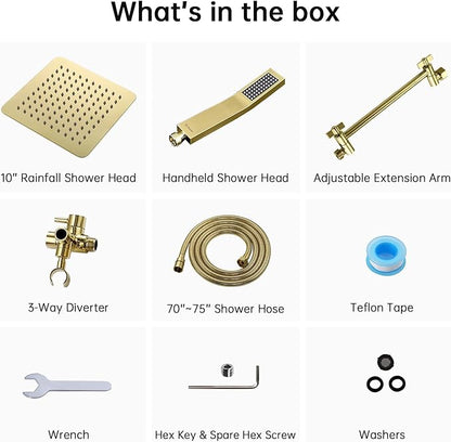 G-Promise All Metal 10" Dual Square Shower Head Combo | Rain Shower Head | Handheld Shower Wand | Adjustable | 3-Way Diverter | 71" Extra Long Hose - A Bathroom Upgrade (Polished Brass)