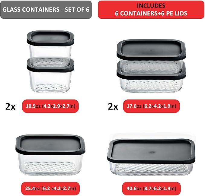 EATEX 6 Pack Glass Meal Prep Containers with Grooved Base, 6 Stackable BPA Free Glass Storage Containers with Lids for Lunch, Pantry, and Kitchen - Microwave, Dishwasher Freezer & Oven Safe - Black