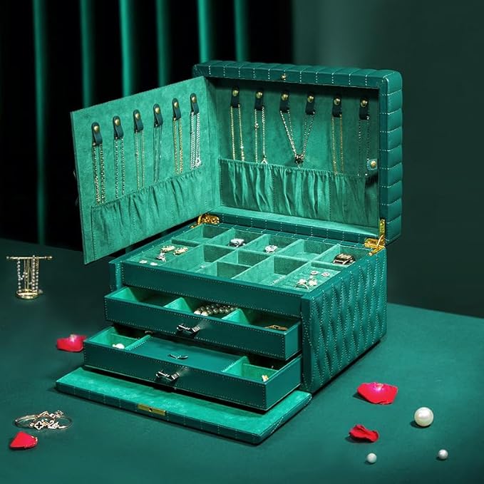Genuine Leather Jewelry Box – 3 Layer Large Jewelry Organizer with Mirror, Lockable Jewelry Box for Women – Necklace, Ring, Earring Organizer with Drawer - Gifts(Green)