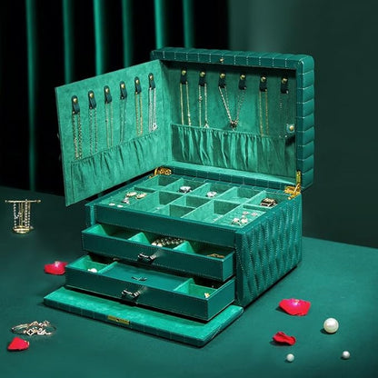 Genuine Leather Jewelry Box – 3 Layer Large Jewelry Organizer with Mirror, Lockable Jewelry Box for Women – Necklace, Ring, Earring Organizer with Drawer - Gifts(Green)