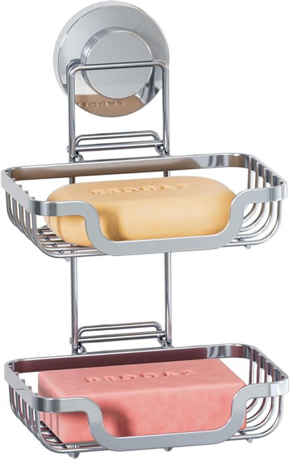 TAILI Double Layer Soap Holder, Drill-Free Bar Soap Dish Tray Suction Cup, Draining for Shower Wall, Bath Storage, Rustproof Stainless Steel Sponge Holder for Tub, Kitchen, Silver