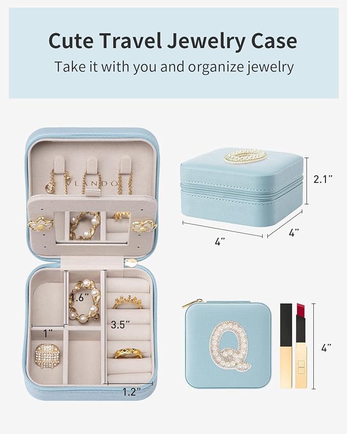Vlando Jewelry Organizer Box, Small Jewelry Box for Women Girls, Initial P Travel Jewelry Case, Small Jewelry Organizer Box, Jewelry Box Organizer Mini Travel Jewelry Box - Letter Q, Blue