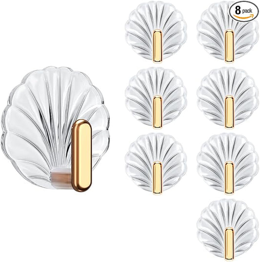 8PCS Shell Clear Adhesive Hooks - No Drill Removable Waterproof for Bathroom, Shower, Kitchen, Reusable Transparent Damage-Free Towels, Bath Sponges & Small Items (Space-Saving)