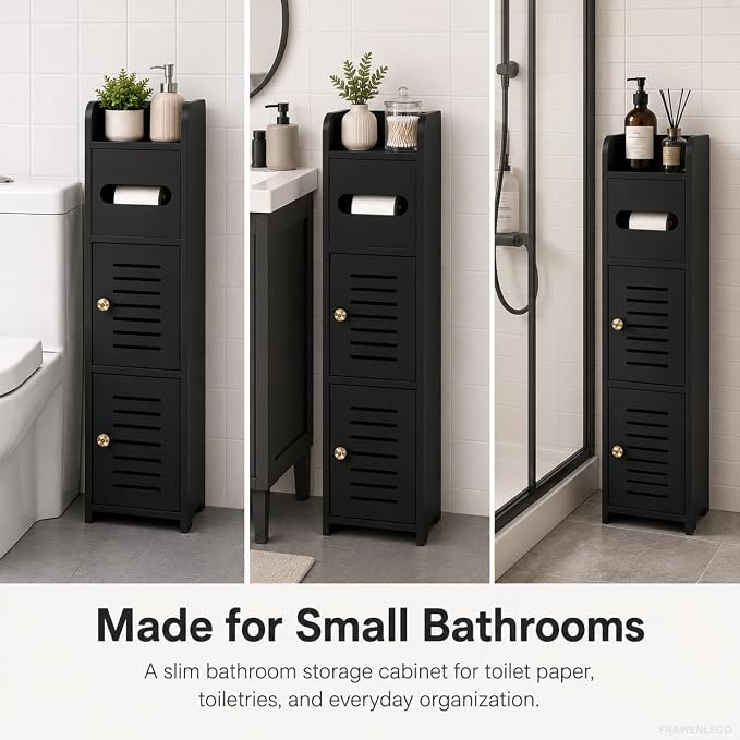 Toilet Paper Holder Stand, Small Bathroom Storage Cabinet with Doors and Toilet Paper Storage, Slim Floor Standing Shelf for Small Spaces,Toilet Storage Cabinet for Bathroom,Black