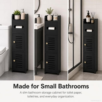 Toilet Paper Holder Stand, Small Bathroom Storage Cabinet with Doors and Toilet Paper Storage, Slim Floor Standing Shelf for Small Spaces,Toilet Storage Cabinet for Bathroom,Black