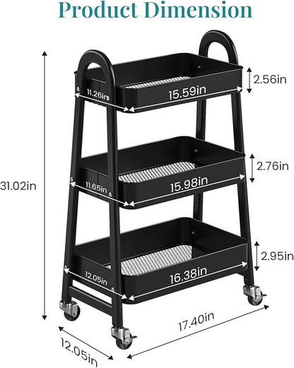 OLIXIS Metal 3 Tiers Utility Rolling Cart, Mobile Storage Shelf with Lockable Caster Wheels, Organization for Livingroom, Bathroom & Narrow Places, Black