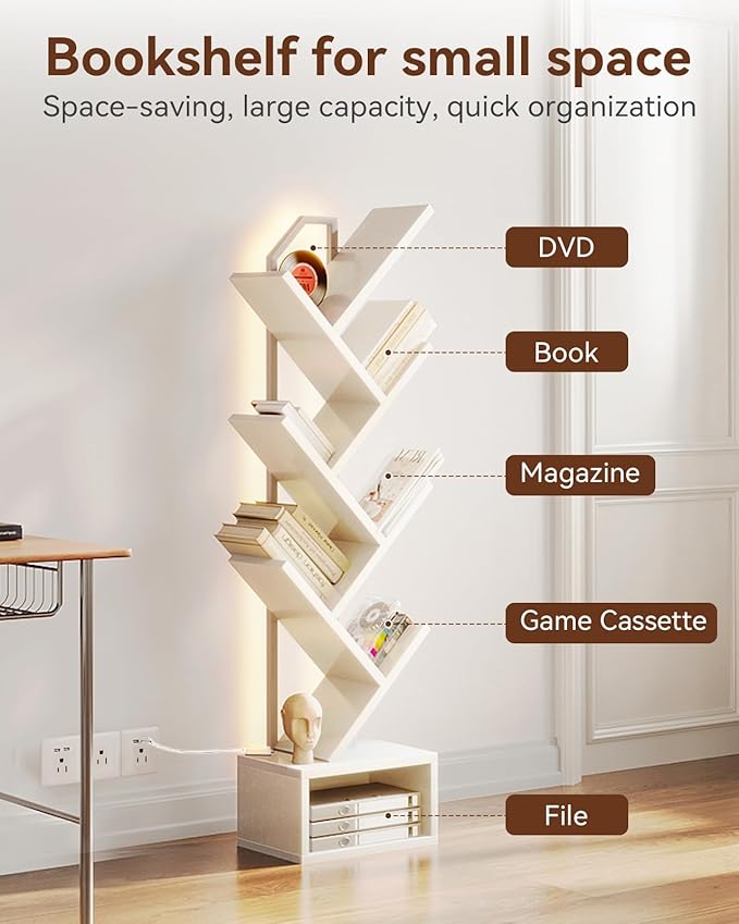 Casaottima Tree Bookshelf with LED Lights, 6-Tier Narrow Bookcase for Small Spaces, Tall Steel & Wood Storage Shelf with Cabinet, Home Decor & Organizer for Living Room/Bedroom/Home Office, White