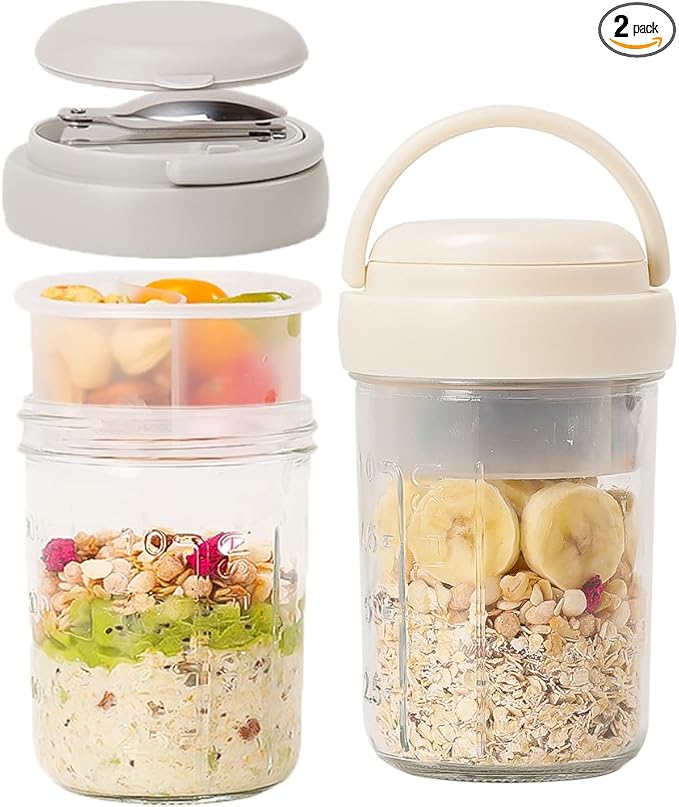 UWILLION Overnight Oats Containers with Handles, 16 oz Glass Mason Jars with Lids, Folding Spoons & Topping Compartments, Yogurt Parfait Cups for Meal Prep, Chia Pudding, Breakfast to Go, 2 Pack