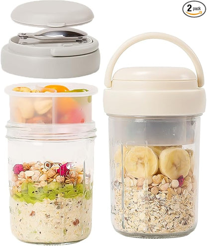 UWILLION Overnight Oats Containers with Handles, 16 oz Glass Mason Jars with Lids, Folding Spoons & Topping Compartments, Yogurt Parfait Cups for Meal Prep, Chia Pudding, Breakfast to Go, 2 Pack
