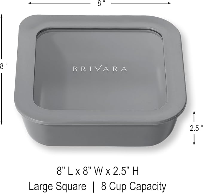 BRIVARA HOME Ceramic Coated Glass Food Storage Container | No PTFE, PFOA, PFAS, and BPA | Reusable Non Toxic Meal Prep Container with Glass Lid | Easy To Store | 8 Cup Square [Smoke]