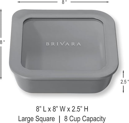BRIVARA HOME Ceramic Coated Glass Food Storage Container | No PTFE, PFOA, PFAS, and BPA | Reusable Non Toxic Meal Prep Container with Glass Lid | Easy To Store | 8 Cup Square [Smoke]