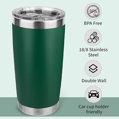 20oz Stainless Steel Tumbler with Lid, Travel Mug - Double Wall Vacuum Powder Coated Cup - Dark Green, 1 Pack
