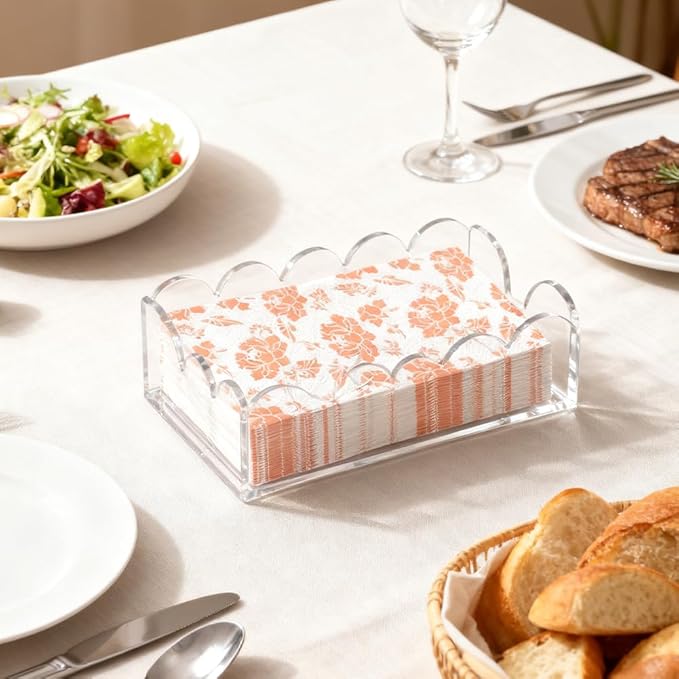 Clear Acrylic Napkin Holder, Thick Scalloped Tray for Bathroom Kitchen Dining Room, Crystal Clear Table Cocktail Napkin Holder, Disposable Paper Hand Towels for Parties, Weddings