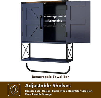 RUSTOWN Farmhouse Medicine Cabinet with 2 Barn Door, Boho Wood Wall Mounted Storage Cabinet with Adjustable Shelf and Towel Bar, 3-Tier Bathroom Cabinet for Bathroom (Navy Blue and Walnut)