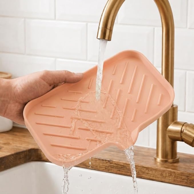 MicoYang Silicone Soap Dish with Drain Spout — Self-Draining Sink Organizer Tray for Bathroom & Kitchen, Sponges, Dispensers & Soap Holder, Non-Slip & Dishwasher Safe, Pink (Medium, 9.6"×5.3")