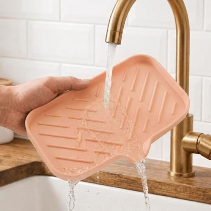 MicoYang Silicone Soap Dish with Drain Spout — Self-Draining Sink Organizer Tray for Bathroom & Kitchen, Sponges, Dispensers & Soap Holder, Non-Slip & Dishwasher Safe, Pink (Medium, 9.6"×5.3")
