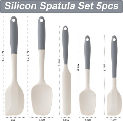 Silicone Spatula Set, 5 Piece Food Grade Rubber Spatulas for Baking, Cooking, and Mixing High Heat Resistant Non Stick Dishwasher Safe BPA-Free (Gray+White)