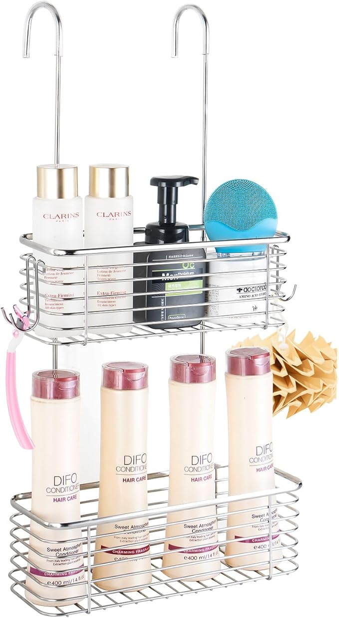 YQh Stainless steel double-layer shower rack, shower room hanging bathroom organizer, storage rack installed on the hanging bar or door, can store shampoo, hair conditioner, shower gel