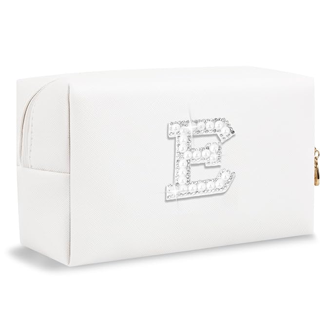 Bride Gifts – Personalized Initial Makeup Bag with Pearl Rhinestone Patch, Preppy White Monogram Cosmetic/Toiletry Pouch, bridesmaid Gifts, Bridal Shower Gifts, Wedding Gifts, Bridal Gifts,E